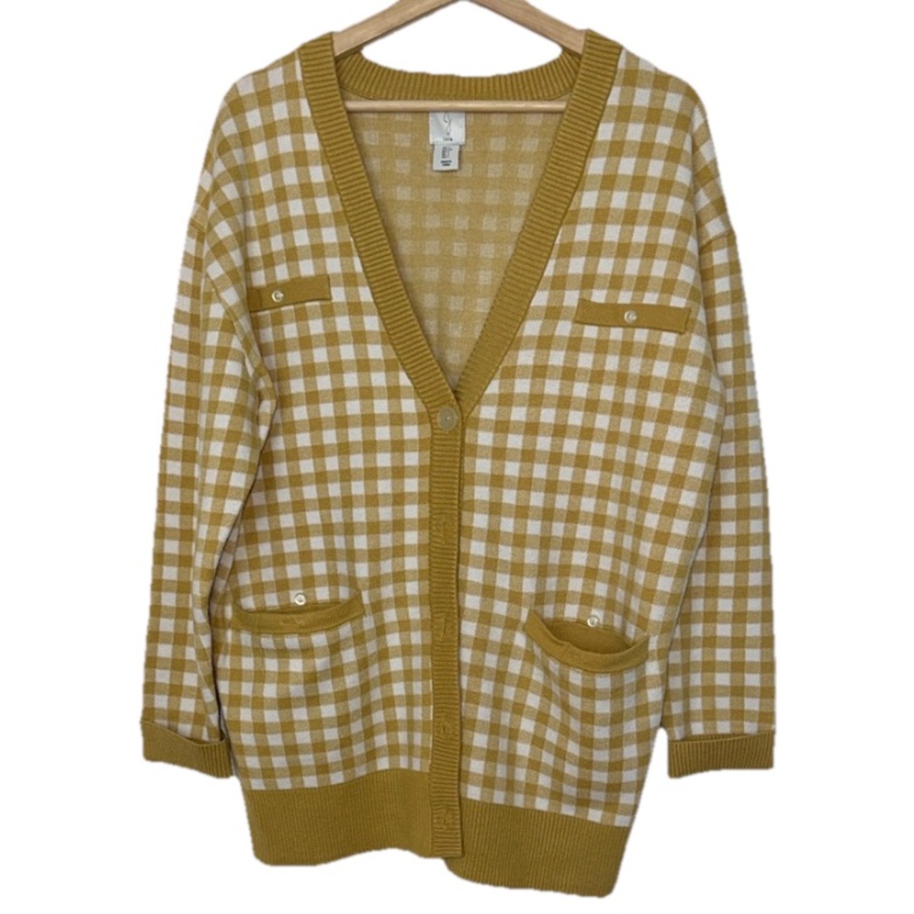 Joie Mustard Yellow Oversized Plaid Cardigan Sweater Sz. L
